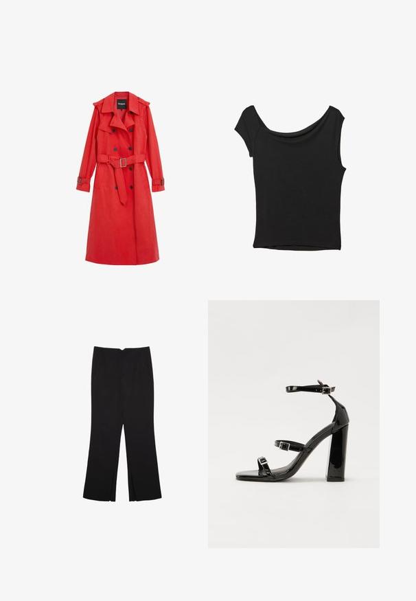 Cappotto trench rosso realizzato in materiale liscio con vita regolabile e cintura, bottoni doppi e spalline. Presenta maniche lunghe e tasche laterali.; Top nero a maniche corte realizzato in tessuto liscio; presenta un colletto drappeggiato e un orlo asimmetrico, con una vestibilità aderente.; Pantaloni neri a gamba dritta, con tasche frontali e spacchi laterali all'orlo. Realizzati in tessuto morbido e liscio. Adatti a diverse occasioni.; Sandali con tacco in vernice nera, con punta squadrata, cinturini alla caviglia e fibbie in argento. Presentano un tacco a blocco spesso per maggiore stabilità.
