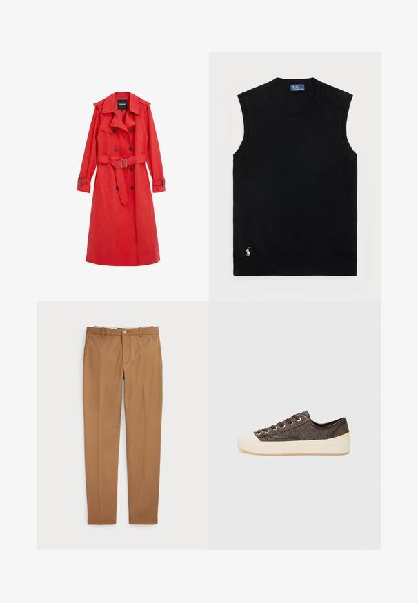 Vörös trench coat sima anyagból, övvel a deréknál, dupla soros gombokkal és vállpántokkal. Hosszú ujjak és oldalsó zsebek jellemzik.; Fekete ujjatlan pamut pulóver kerek nyakkivágással. Az alján bal oldalon egy kis fehér logó található, és bordázott díszítéssel rendelkezik.; Barna pamut nadrág, karcsú szabású, sima elülső résszel és standard zsebekkel; sima tapintású és hemzsegő szegélyekkel.; Barna mintás kannvas sportcipő arany fémlyukakkal, fűzős záródással, fehér gumitalppal és orrkoppal. Dombornyomott felülettel rendelkezik.