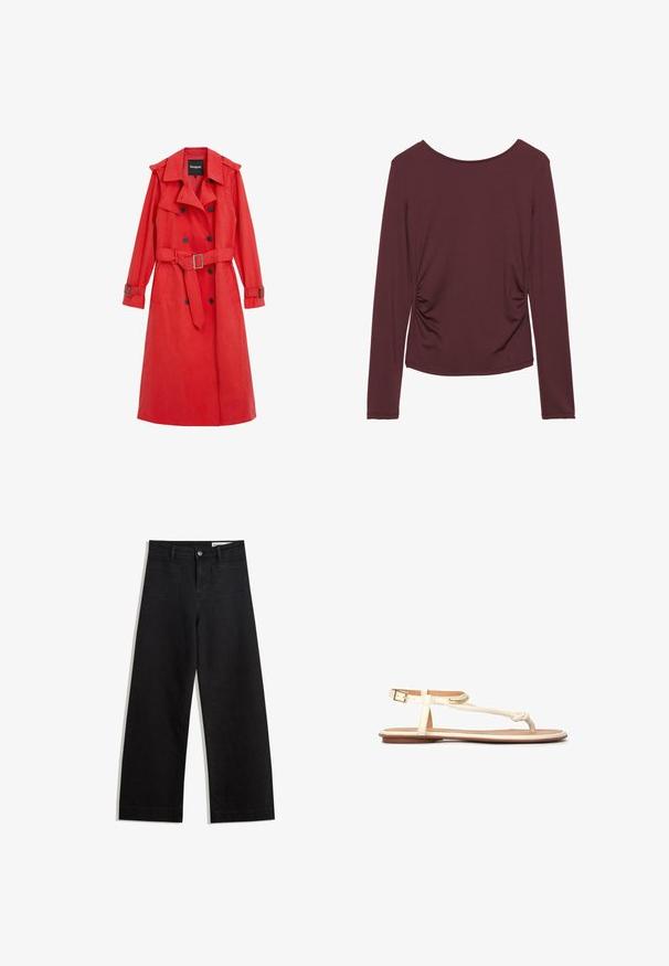 Punainen trench-coat, joka on valmistettu sileästä materiaalista, vyötäröllä vyö, kaksiriviset napit ja olkaimet. Sisältää pitkät hihat ja sivutaskut.; Pitkät hihat marjapunaista ykköstä, joka on valmistettu pehmeästä kankaasta, sivuruuskuilla, pyöreällä kaula-aukolla ja tiukalla siluetilla. Tasainen pinta, ei näkyviä kuvioita.; Mustat leveät farkut korkealla vyötäröllä, joissa on etu- ja takataskut, ommellut saumat ja nappisuljenta. Silkinoinen rakenne.; Valkoinen beige avotassu sandaalit, joissa on punottu hihnadesign, säädettävä nilkkakiinnitys ja litteä ruskea pohja. Sileä materiaali ja minimaalinen sisustus.