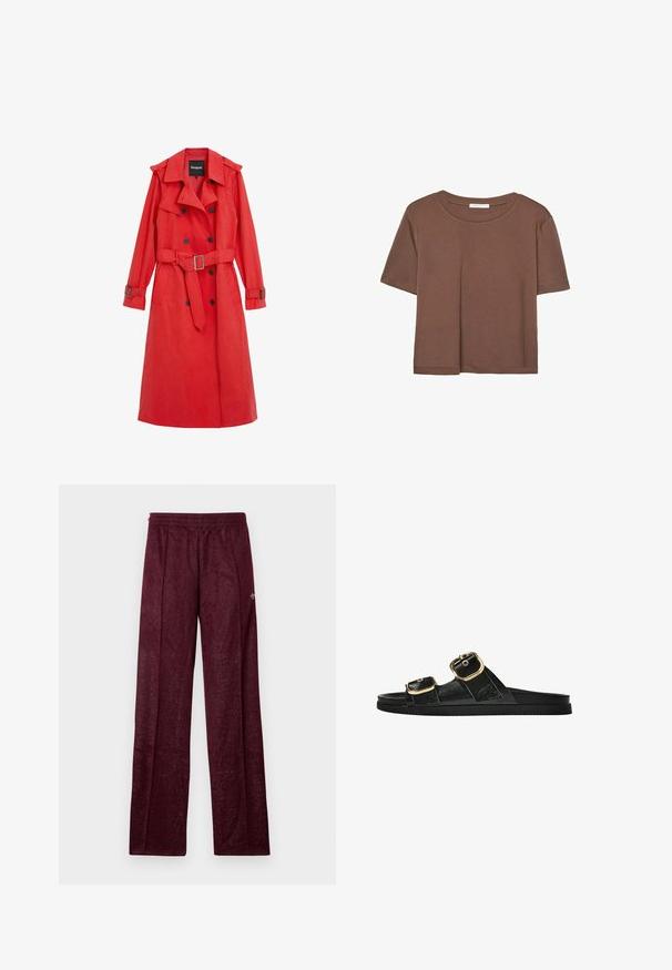 Crvena trenč kaput od glatkog materijala s pojasom u struku, dvostrukim gumbima i ramenskim epauletima. Ima duge rukave i bočne džepove.; Smeđi kratki rukav majica od mekog materijala, s okruglim izrezom i opuštenim krojem. Nema vidljivih uzoraka ili naglasaka.; Bordo sportske hlače izrađene od teksturirane tkanine, s elastičnim pojasom i bočnim šavovima za ravni kroj.; Crne sandale na klizanje s dva zlatna akcenta u obliku kopči, glatkog teksturiranog materijala, ravnim potplatom i minimalističkim dizajnom.