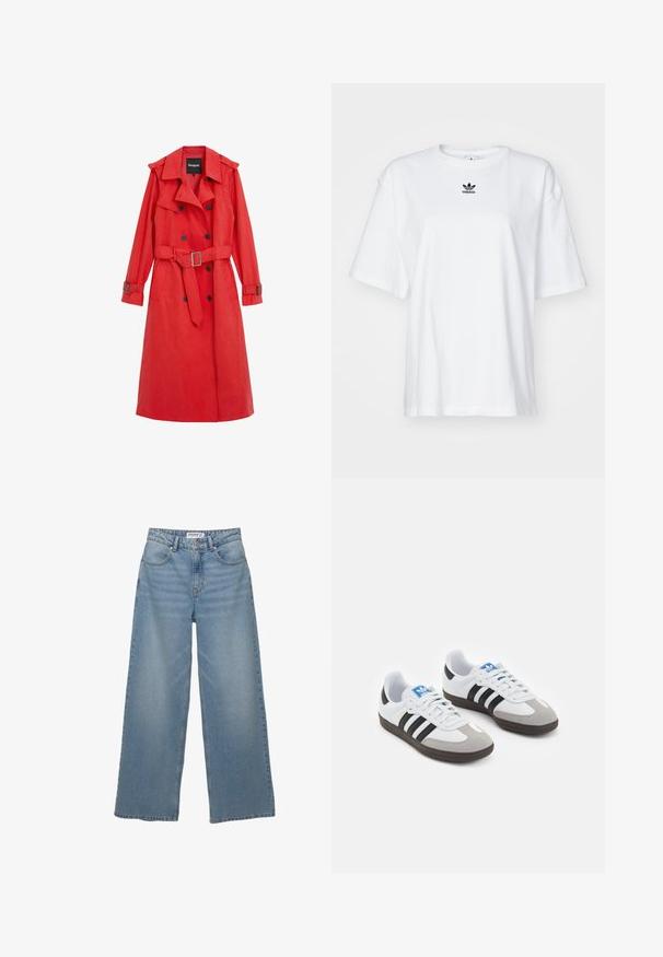 Červený trenčkot vyrobený z hladkého materiálu s pasem na opasek, dvouřadým zapínáním a ramenními epauletami. Obsahuje dlouhé rukávy a boční kapsy.; Bílý krátký rukávový tričko vyrobené z bavlny. Má kruhový výstřih a malé černé logo Adidas na hrudi. Rovný lem.; Světle modré džíny s širokými nohavicemi vyrobené z denimu. Mají vysoký pas, pět kapes a rovný střih s minimálním vyblednutím.; Sportovní boty s bílým koženým svrškem, šedou semišovou špičkou a třemi černými pruhy. Obsahují modré logo na jazyku a texturovanou gumovou podrážku.