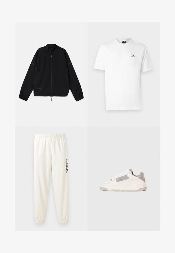 Melnā saņemamā jaka, izgatavota no viegla materiāla, ar rāvējslēdzēja priekšpusi, sānu kabatām un logotipa akcentiem pelēkā un zaļā krāsā.; Balta kokvilnas T-kreklā ar apaļu kakla izgriezumu, īsām piedurknēm un melnu EA7 logo kreisajā krūtī. Gluda, vienkārša tekstūra.; Gai bēšas sporta bikses ar elastīgu jostu un elastīgām aprocēm. Kreisajā kājā ir melns iegravēts logo. Mīksta auduma tekstūra.; Balti un gaiši pelēki zemas tenisa kurpes ar baltām auklām un zamša akcentiem, attēlotas no sāna uz vienkārša gaiša fona.