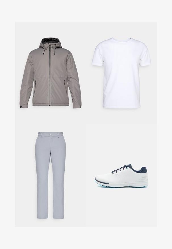 Gray puffer jacket with a hood, front zip closure, two side pockets, and drawstring accents for adjustable fit. Smooth texture and lightweight design.; White short-sleeve t-shirt in cotton fabric with a round neckline. Simple design with no patterns or accents. Smooth texture.; Light gray trousers with a straight cut, button closure, front pockets, and a smooth, textured fabric. Minimalist design, no patterns.; White athletic shoes with a smooth synthetic upper, blue accents, textured navy heel, and a lightweight, spiked sole for traction.