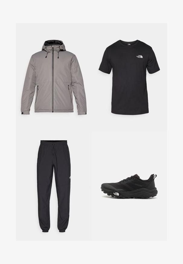 Graue Daunenjacke mit Kapuze, frontale Reißverschlussöffnung, zwei Seitentaschen und Kordelzüge für eine anpassbare Passform. Glatte Textur und leichtes Design.; Schwarzes T-Shirt mit kurzen Ärmeln aus Baumwolle, mit einem runden Ausschnitt und einem kleinen weißen Logo auf der oberen linken Brust.; Schwarze Sporthosen aus leichtem Stoff, mit einem Kordelzugbund, seitlichen Taschen und schmal zulaufenden Bündchen an den Knöcheln.; Schwarzer Trailrunning-Schuh mit strukturiertem Obermaterial, Gummisohle und verstärkter Zehenkappe. Verfügt über einen gepolsterten Kragen und eine Ziehlasche für einfaches Anziehen.