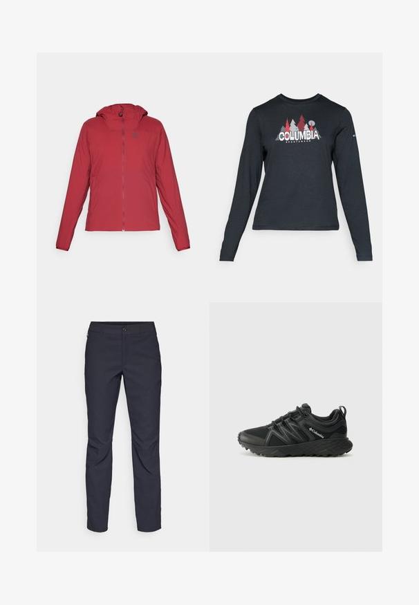 Red lightweight jacket with a hood, full-length zipper, and a small logo on the chest. Smooth texture and fitted design.; Long-sleeve dark gray shirt with a graphic of red trees and mountains; "COLUMBIA" logo in bold white text. Soft fabric, standard crew neck.; Navy blue pants made of smooth fabric, featuring a front button closure, slim-fit design, and creased detailing at the knees.; Columbia PEAKFREAK - Hiking shoes - black