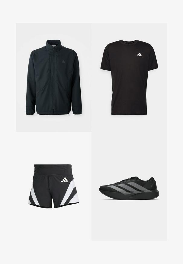Casaco preto, leve, com gola alta, fecho éclair e um padrão texturizado subtil. Apresenta cordões ajustáveis e bolsos laterais.; T-shirt de algodão preto com mangas curtas, decote redondo e um logo branco no lado esquerdo do peito. Textura suave e design simples.; adidas Performance ADIZERO A M - Calções desportivos - black; Sapatilhas desportivas pretas com um design leve, apresentando três faixas cinzas proeminentes, uma textura suave e uma sola contornada.