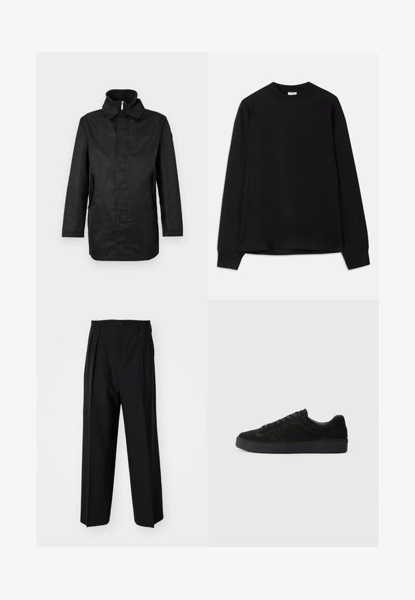 Musta vedenpitävä takki, jossa on kaulus, etupuolella napitus, sivutaskut ja teksturoitu kangas. Yksinkertainen muotoilu ja väljät mitat.; Musta pitkähihainen t-paita pehmeästä puuvillasta. Ominaisuuksiin kuuluu pyöreä pääntie, löysä istuvuus ja ribbaustaskut. Ei näkyviä kuvioita tai logoja.; Mustat laskostetut housut, joissa on suora, leveä lahje. Valmistettu sileästä kankaasta, jossa on nappisuljenta ja vyölenkit.; Musta mokkanahkainen lenkkari, jossa on litteä, teksturoitu pohja, pyöreä kärki, kuusi rei'itystä nauhoille ja minimalistinen muotoilu.