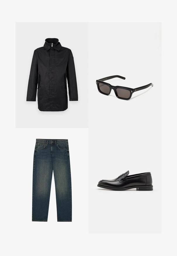 Schwarzer wasserdichter Mantel mit Kragen, vorderem Druckverschluss, seitlichen Taschen und strukturiertem Stoff. Einfaches Design mit lockerer Passform.; Blau-schwarzer Reißverschluss-Pullover mit weißen Akzenten, ausgestattet mit dem Schriftzug "RACING" in fetter Schrift, hohem Kragen und zwei Reißverschlusstaschen.; Dunkelblaue Denim-Jeans mit geradem Schnitt, fünf Taschen-Design und leichter Waschung an den Beinen. Geeignet für legere Anlässe.; Schwarze Lederloafers mit glatter Textur, rundem Zehenbereich und einem dekorativen Riemen über dem Vorderfuß. Niedriger, gestapelter Absatz, minimalistisches Design.; Schwarze rechteckige Sonnenbrille mit dunklen Gläsern, dickem Kunststoffrahmen, goldenen Akzenten an den Bügeln und eingraviertem Markenlogo am Arm.