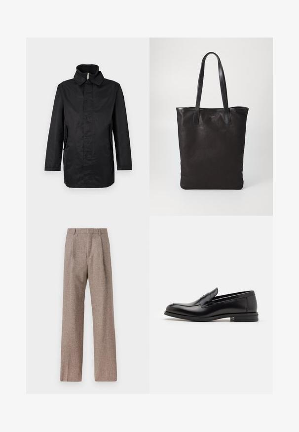 Juodas vandeniui atsparus paltas su apykakle, priekyje užsegamas snapeliu, šoniniais kišenėmis ir tekstūruota medžiaga. Paprastas dizainas su laisvu pritaikymu.; Balta ilga rankovė mygtukų marškiniai, pagaminti iš medvilnės, su krūtine kišene ir toniniu siuvinėjimu, apykakle ir mygtukų apvadu.; Rudos, aukšto liemens kelnes, pagamintas iš tekstūruotos medžiagos. Plati kojos, dvi priekinės klostės struktūrai. Tvarkingas apdailos darbai, be matomų detalių.; Juodos odinės loafers, turinčios lygų paviršių, apvalią noselę ir dekoratyvinę juostą per priekinę dalį. Žemas krentantis kulnas, minimalistinis dizainas.; Juodas drobės pirkinių maišelis su juodais odiniais rankenomis. Paprastas dizainas, erdvus kūnas ir lygus paviršius. Nėra matomų logotipų ar raštų.