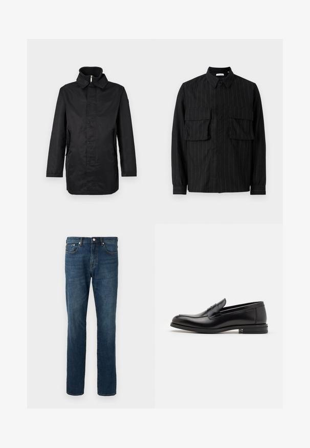 Sort vandtæt frakke med krave, foran knaplukning, sidelommer og struktureret stof. Enkel design med en løs pasform.; Sorte langærmet skjorte med vertikale striber, to brystlommer, krave og knaplukning. Blødt, struktureret stof.; Mørkeblå denim jeans, lige ben, fem lommer, knaplukning, med subtile falmning og syning detaljer. Glat tekstur.; Sorte læderloafers med en glat overflade, rund tå og en dekorativ strop over vampen. Lav hæl med stabeldesign, minimalistisk stil.