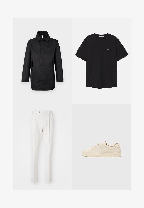 Black waterproof coat with a collar, front snap closure, side pockets, and textured fabric. Simple design with a loose fit.; Black cotton T-shirt with a crew neck, short sleeves, and a white logo print on the left chest. Simple, solid color design.; White, tailored trousers with a flat front, two pleats, and rolled cuffs. Made of a smooth fabric with a button closure at the waist.; Beige suede sneaker with a low-top design, round toe, flat laces, and a textured rubber sole. Minimalist style with no visible logos.