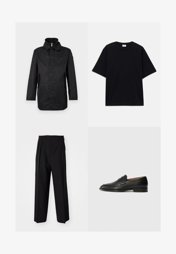 Zwarte waterdichte jas met een kraag, sluiting met drukknopen aan de voorkant, zijzakken en een gestructureerde stof. Eenvoudig ontwerp met een losse pasvorm.; Zwarte oversized T-shirt met korte mouwen en ronde hals, met zichtbaar Filippa K merkelabel aan de binnenkant van de kraag.; Zwarte geplooide broeken met een rechte, brede pijpontwerp. Gemaakt van soepele stof, met een knoopsluiting en riemlussen.; Zwarte leren instapper met een ronde neus, subtiele stikdetails en een lage hak, met een gladde textuur en een minimalistisch ontwerp.