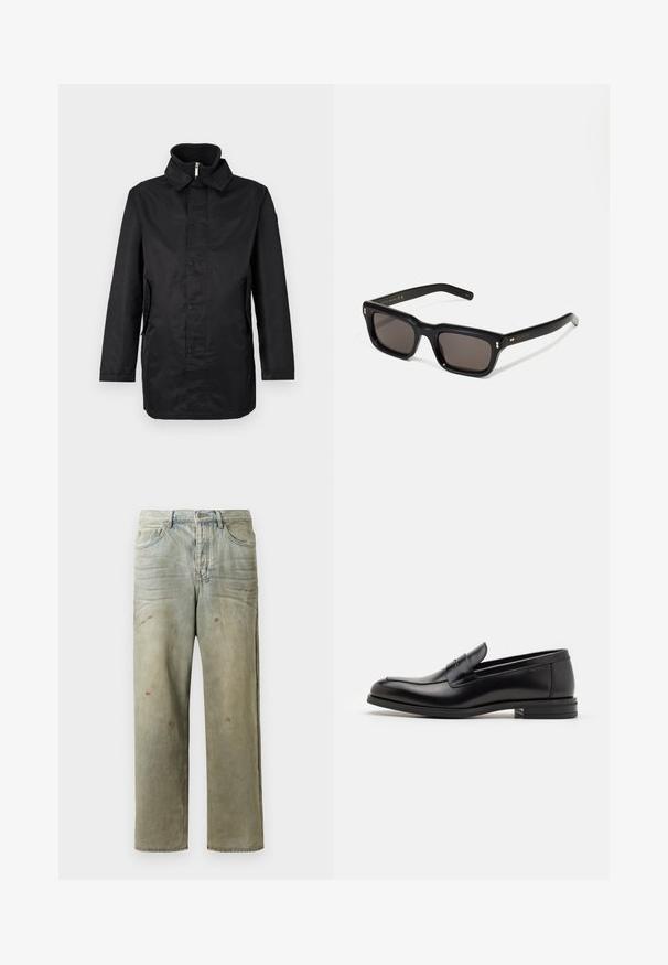Sort vandtæt frakke med krave, foran knaplukning, sidelommer og struktureret stof. Enkel design med en løs pasform.; Marineblå bomulds t-shirt med rund hals og korte ærmer, med en glat tekstur og enkel design, uden synlige mønstre eller accenter.; Slidte denimjeans i lysegrøn med lige ben, femlommerdesign og ujævn falming med malersplatter.; Sorte læderloafers med en glat overflade, rund tå og en dekorativ strop over vampen. Lav hæl med stabeldesign, minimalistisk stil.; Sorte rektangulære solbriller med mørke glas, tyk plastisk ramme, guldtryk på stængerne og brandlogo indgraveret på armen.
