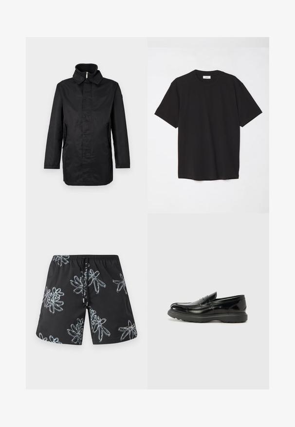 Must must coat, milledega kaelusega, esiosa nuppudega kinni, küljetaskud ja tekstureeritud kangas. Lihtne disain ja lahti istuv lõige.; Must must t-särk, millel on ümmargune kaelus, lühikesed varrukad ja lõdva soe. Lihtne disain, sile tekstuur ja nähtamatud mustrid või logod.; Mustad musta värvi ujumispüksid, millel on heledates hallides toonides läikiv lillemuster. Elastne vöökoht koos nööriga ja logo detail paremal all nurgas.; Must musta nahk loafer läikiva viimistlusega, ümar varvas, delikaatsed õmblusdetailid ja paks kummist tallad vastupidavuse tagamiseks.