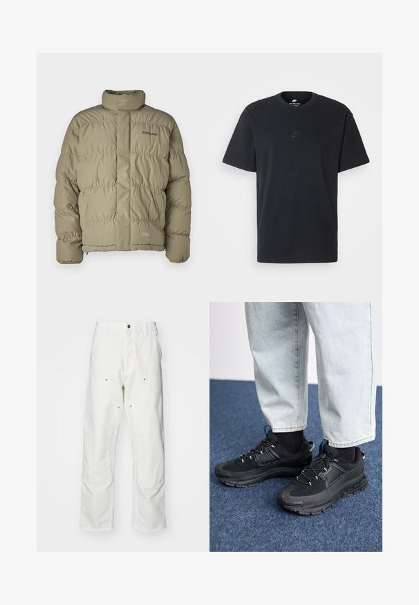 Alyvuogių spalvos pūkinė striukė, turinti aukštą apykaklę, užtrauktuką priekyje ir elastines rankogalius. Dizainas apima horizontaliai siūtas dalis ir logotipo detalę.; Juodas medvilninis Nike marškinėliai su klasikinėmis apykaklėmis, trumpomis rankovėmis ir subtiliu, įspaustu logotipu ant krūtinės. Sklandus tekstūra.; Balti medvilniniai kargo džinsai su laisvu siluetu. Ypatybės apima priekines kišenes, auksinius apdailos elementus ir sustiprintas kelio dalis.; Juodi sportiniai bateliai su tekstūruota medžiaga ir guminiais padais, su elastingomis raišteliais ir mėlynu akcentu ant kulno. Dėvimi su šviesiai mėlynomis džinsinėmis kelnėmis.