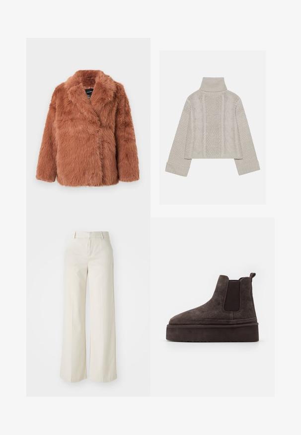 Brown faux fur coat with a shawl collar, long sleeves, and a wrap design. Soft texture with thick fibers, suitable for cold weather.; Cropped, light gray knit sweater with a high collar and ribbed cuffs, featuring textured cable patterns down the back and sides.; Wide-leg trousers in a light beige color, made of a smooth fabric. Features a classic waistband and flat front with clean lines.; Brown suede Chelsea boots with elastic side panels and a thick, textured platform sole. Features a pull tab at the heel for ease of wear.