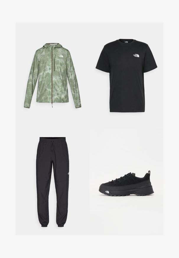 Lättvikts grön regnjacka med marmor mönster, hel dragkedja, justerbar huva och logotypdetalj på vänster bröst.; Svart bomull t-shirt med kort ärm, rund halsringning och en liten vit logga på vänster bröst. Enkelt design, mjuk textur och avslappnad passform.; Svarta träningsbyxor tillverkade av lättviktsmaterial, med dragsko i midjan, sidofickor och avsmalnande muddar vid anklarna.; Svart utomhussko med ovandel i mocka, texturerad gummisula och robust snörningssystem. Har en förstärkt häl och varumärkeslogotyp på sidan.