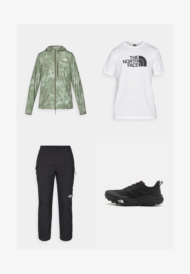 Gaišs, zaļš lietus mētelis ar marmora rakstu, pilna rāvējslēdzis, regulējama kapuce un logotipa akcenti uz kreisā krūts.; Balts kokvilnas t-krekls ar melnu grafisko druku, kurā ir teksts un izliekta logo dizains. Apaļa kakla izgriezums un īsas piedurknes. Vienkārša tekstūra.; The North Face WINTER EXPLORATION TAPERED CARGO - Āra bikses - black; Melnas taku skriešanas kurpes ar teksturētu virsu, gumijas zoli un pastiprinātu pirkstu daļu. Aprīkotas ar mīkstu apkakli un vilkšanas cilpu, lai viegli uzvilktu.