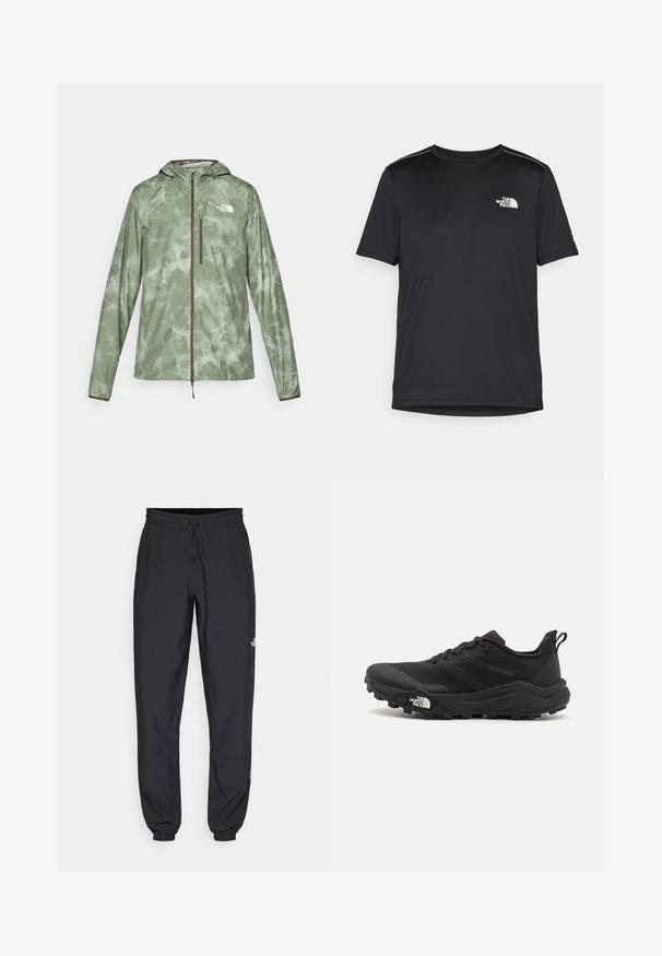 Leichte grüne Regenjacke mit Marmor-Muster, durchgehendem Reißverschluss, verstellbarer Kapuze und Logo-Akzent auf der linken Brust.; Schwarzes T-Shirt mit kurzen Ärmeln aus leichtem Stoff. Mit einem kleinen weißen Logo auf der linken Brust und dezenten Akzenten an den Schultern.; Schwarze Sporthosen aus leichtem Stoff, mit einem Kordelzugbund, seitlichen Taschen und schmal zulaufenden Bündchen an den Knöcheln.; Schwarzer Trailrunning-Schuh mit strukturiertem Obermaterial, Gummisohle und verstärkter Zehenkappe. Verfügt über einen gepolsterten Kragen und eine Ziehlasche für einfaches Anziehen.