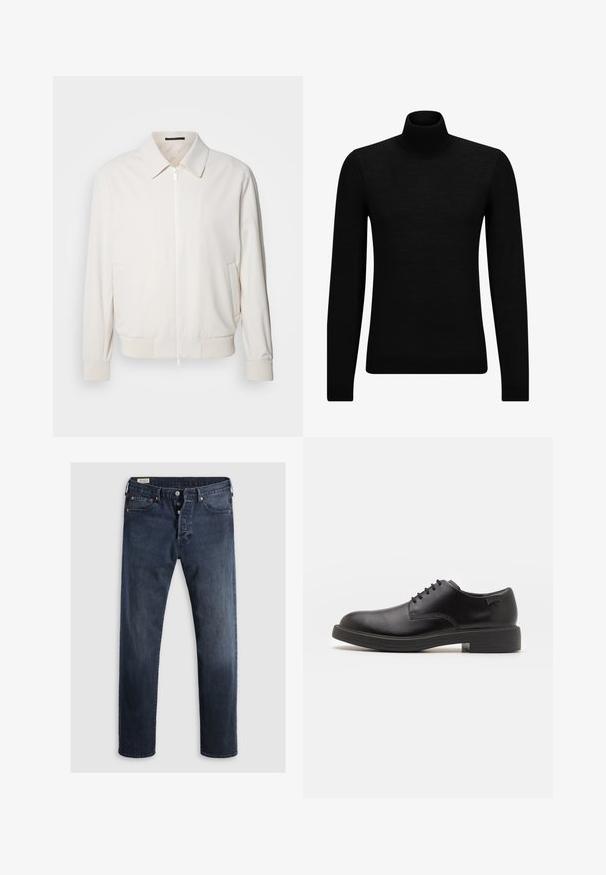 Heled kreemikollane bomber-jakk, mis on valmistatud pehmest kangast, sisaldab lukuga esivarrast, soonikuga mansettide, kahe küljetasku ja klassikalise kraega.; Musthave muströid ja pehmest materjalist must turtleneck, millel on pikad varrukad ja tihe istuvus. Ribaga ääris allservas ja vöökohal. Lihtne disain.; Tumed sinised teksad sirge jala lõikega, mis on varustatud tõmbluku ja metallnuppudega ning vasksete nupuvajutustega. Sile tekstuur, nähtavaid mustreid pole.; Must beemel levalis kingad ümarate varvastega, sileda pinnaga, minimaalsete õmblustega ja madala kummist kontsaga. Logo kontsa peal.