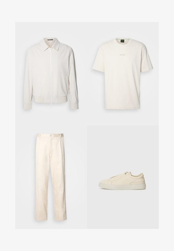 Light cream bomber jacket made from soft fabric, featuring a zip front, ribbed cuffs, two side pockets, and a classic collar.; BOSS TEE - Basic T-shirt - open white; Beige cotton trousers with a straight-leg cut, featuring a button closure and pleats at the front for added detail.; Beige leather sneaker with a rounded toe, minimalistic design, subtle stitching details, and a textured upper, on a light sole.