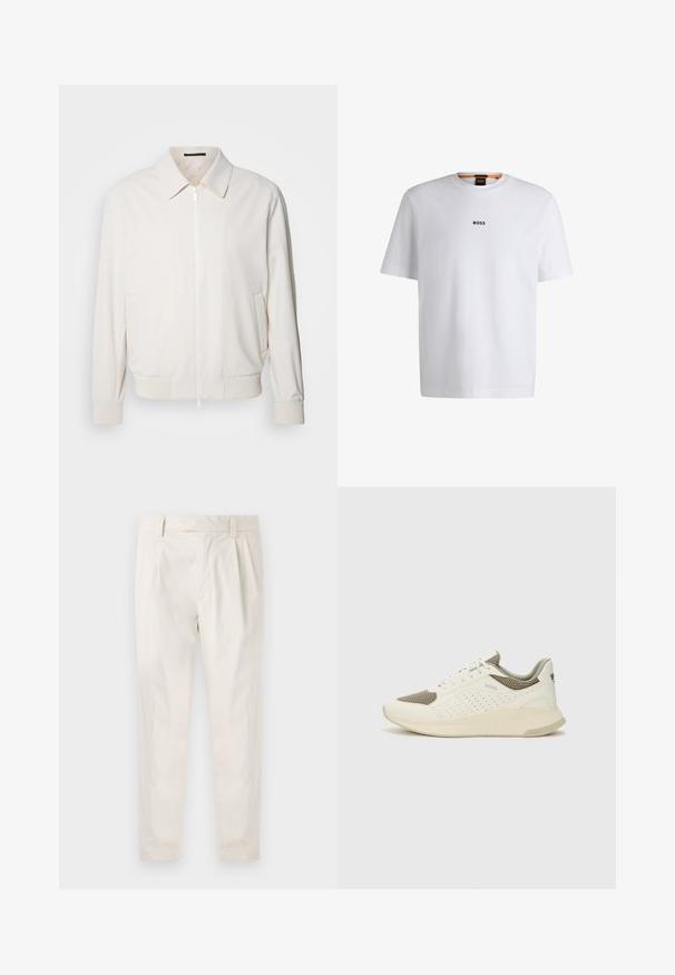 Lys kremfarget bomberjakke laget av mykt stoff, med glidelås foran, ribbestrikkede mansjetter, to sidelommer og klassisk krage.; Hvit bomulls T-skjorte med korte ermer, med en svart "BOSS" logo sentrert på brystet og rund halsdesign.; Hvite, pregede bukser med skreddersydd passform, som har en jevn tekstur, beltehemper og avsmalnende ben. Ingen synlige lommer eller mønstre.; Hvit og lysebeige treningssko, med en mesh-overdel, perforerte detaljer og en teksturert mellomsåle med merkevare på hælen.