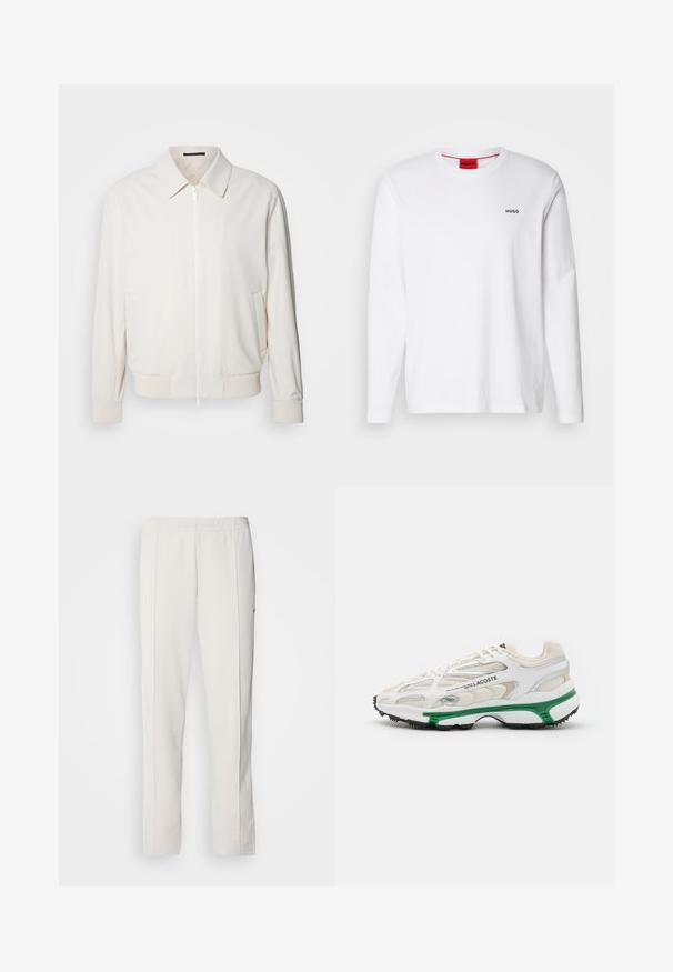 Világos krémszínű bomber dzseki puha anyagból, elöl cipzárral, bordás mandzsettákkal, két oldalzsebbel és klasszikus gallérral.; Fehér, hosszú ujjú pamut póló, kerek nyakkivágással, bal mellrészen fekete "HUGO" logóval és sima textúrával.; Lacoste Tréningruha alsók - hammam; Fehér sneaker zöld részletekkel és fekete gumitalppal. Háló és szintetikus panelek találhatók rajta, texturált felülettel és látható varrással.