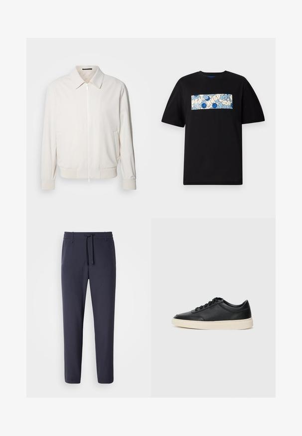 Giacca bomber color crema chiaro realizzata in tessuto morbido, con chiusura a zip, polsini a coste, due tasche laterali e colletto classico.; T-shirt in cotone nero con grafica rettangolare blu e crema, arricchita da motivi circolari e scarabocchi, progettata per una vestibilità rilassata.; Pantaloni jogger blu navy con vita elasticizzata e cordino. Realizzati in materiale liscio, presentano gambe affusolate e nessuna tasca visibile.; Sneaker in pelle nera a basso profilo con lacci neri e suola avorio, mostrato di profilo su sfondo bianco.
