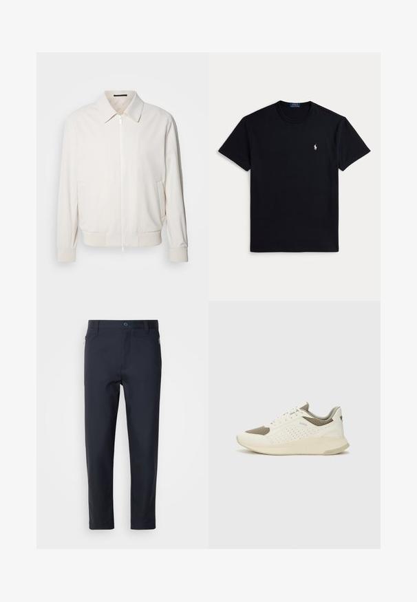 Jasny kremowy bomber z miękkiego materiału, z zamkiem z przodu, ściągaczami na mankietach, dwiema bocznymi kieszeniami i klasycznym kołnierzem.; Czarny bawełniany t-shirt z okrągłym dekoltem, krótkimi rękawami i małym haftowanym logo na lewej piersi. Gładka faktura.; Niebieskie garniturowe spodnie wykonane z gładkiego materiału, z zapinaną na zamek kieszenią, prostymi nogawkami i zapięciem na guzik w pasie.; Białe i jasnobeżowe sneakersy sportowe, z siateczkową cholewką, perforowanymi detalami oraz teksturowaną podeszwą śródstopia z brandingiem na pięcie.