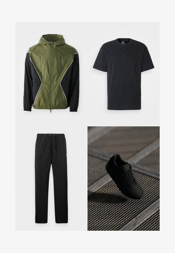 Jachetă verde și neagră tip windbreaker, cu fermoar frontal, panouri contrastante și glugă ajustabilă, având un logo și buzunare laterale.; Tricou din bumbac negru Nike, cu guler rotund clasic, mâneci scurte și un logo subtil embosat pe piept. Textură netedă.; Pantaloni de trening negri din fleece, cu talie elastică și șnururi, două buzunare frontale și un logo mic pe coapsă.; Tenis negri cu o textură netedă, vârf rotund, sistem de șireturi în față și branding subtil. Expus pe un fundal industrial, texturat.