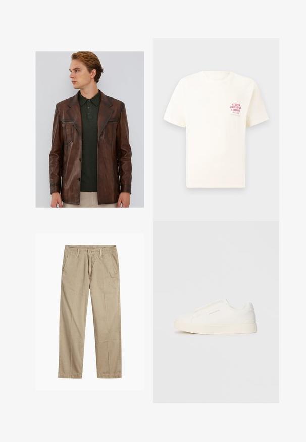 Chaqueta de cuero marrón con corte ajustado, presenta un cuello con muescas, bolsillos con cremallera en la parte frontal y una textura suave. Usada sobre un polo verde oscuro.; Camiseta blanca de manga corta con el texto rojo "Edición de Studio Originals" en el lado izquierdo del pecho, exhibida sobre un fondo gris neutro.; Chinos beige de pierna recta con trabillas para cinturón, cierre de botón y cremallera en la parte delantera, y bolsillos delanteros inclinados.; Zapatillas blancas tipo slip-on con una superficie texturizada, suela gruesa y diseño minimalista. Presenta el logo de la marca en un lado.