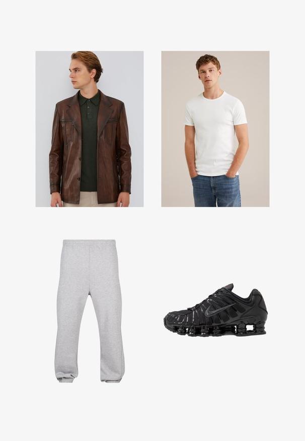 Bruine leren jas met een getailleerde pasvorm, voorzien van een geknipte kraag, voorzakken met rits en een gladde textuur. Draagt over een donkergroene polo.; Jongeman met kort, krullend haar, gekleed in een eenvoudig wit T-shirt met korte mouwen en blauwe jeans, staand met de handen in zijn zakken.; Grijze joggingsbroek van een katoenmix, met een elastische tailleband, taps toelopende pijpen en verdfste naden. Eenvoudig ontwerp zonder patronen.; Zwart sportief schoen met een bovenwerk van mesh en synthetisch materiaal, met een ribbelontwerp, veterstrik en een chunky zool met zichtbare dempingseenheden.