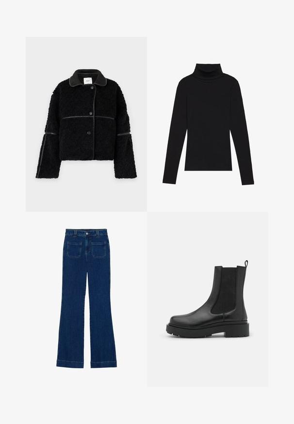 Schwarze, kurze Jacke aus flauschigem Material mit einem glatten, lederähnlichen Kragen und Akzenten. Verfügt über einen Knopfverschluss und weite Ärmel.; Schwarzes langärmeliges Turtleneck-Oberteil aus geripptem Stoff, mit einer taillierten Passform, hohem Kragen und ohne Muster oder Akzente.; Dunkelblaue Denim-Jeans im Schlagstil mit glatter Textur, Fünf-Taschen-Design und einem Knopfverschluss an der Taille.; Schwarze Lederknöchelstiefel mit elastischen Seiteneinsätzen, dickem Gummisohle und Zuglasche. Glatte Textur mit schlankem Design.