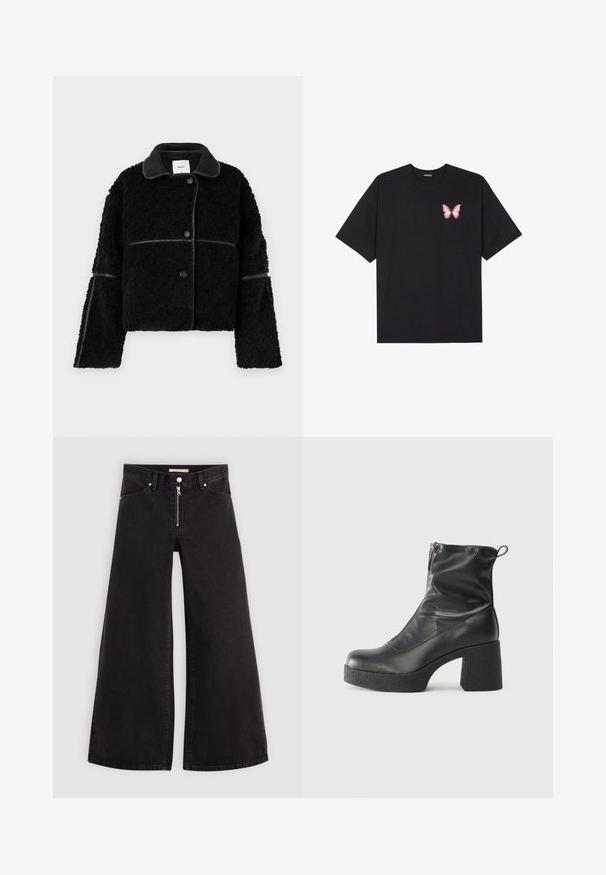 Veste noire cropped en matériau moelleux avec un col et des accents en simili cuir lisse. Elle dispose d'une fermeture à boutons et de manches larges.; T-shirt en coton noir à manches courtes, avec un petit graphique de papillon rose sur la poitrine gauche. Modèle à col rond avec une coupe décontractée.; Jean large en denim noir avec une fermeture éclair à l'avant, un design à cinq poches et des détails de couture subtils. Texture lisse et style décontracté.; Bottes noires à la cheville en cuir lisse, dotées d'une fermeture éclair sur le côté, d'un talon épais texturé et d'une conception à bout rond.