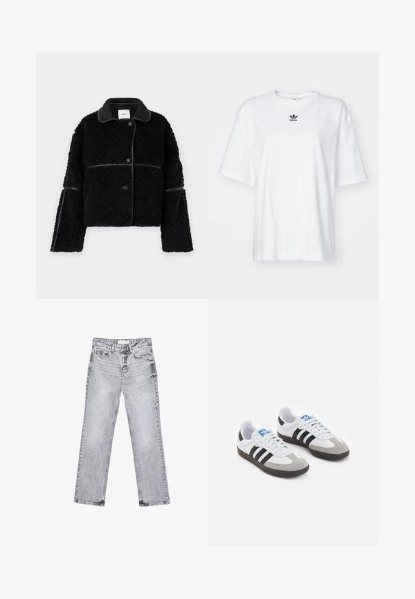 Czarna krótka kurtka z puszystego materiału, z gładkim kołnierzem przypominającym skórę i wykończeniami. Posiada zapięcie na guziki oraz szerokie rękawy.; Biała, krótko rękawowa koszulka z bawełny. Posiada okrągły dekolt oraz małe, czarne logo Adidas na klatce piersiowej. Proste zakończenie.; Szare dżinsy o prostym kroju nogawki, z przetarciami, pięcioma kieszeniami i miedzianymi nitami. Pasek w talii posiada metkę z logo.; Buty sportowe z białą skórzaną cholewką, szarym zamszowym noskiem i trzema czarnymi paskami. Posiadają niebieskie logo na języku oraz teksturowaną gumową podeszwę.