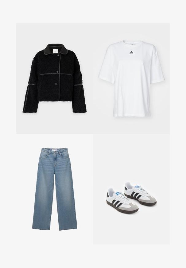 Zwarte cropped jas van fluffy materiaal met een gladde leren kraag en accenten. Heeft een knoopsluiting en wijde mouwen.; Witte korte mouwen t-shirt van katoen. Voorzien van een ronde hals en een klein zwart Adidas-logo op de borst. Rechthoekige zoom.; Lichtblauwe wijde jeans van denim. Heeft een hoge taille, vijf zakken en een rechte pasvorm met minimale vervaging.; Sportschoenen met een witte leren bovenkant, grijze suède neus en drie zwarte strepen. Bevat een blauw logo op de tong en een gestructureerde rubberen zool.
