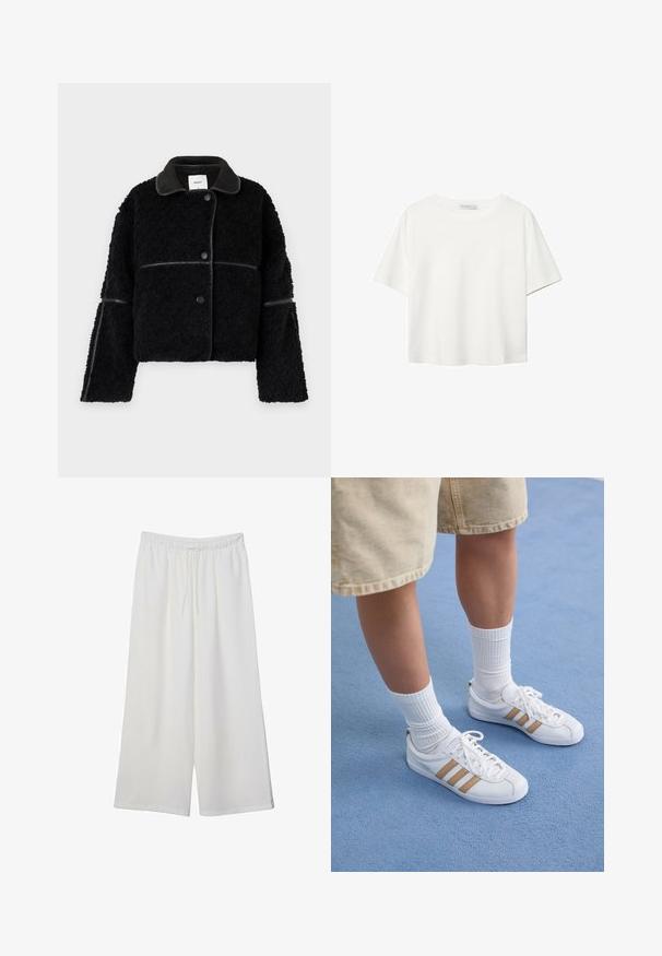 Svart kort jacka i fluffigt material med en slät skinnliknande krage och detaljer. Har knäppning med knappar och vida ärmar.; Vit t-shirt med kort ärm i bomull. Har en rundad halsringning och en avslappnad passform. Slät textur utan synliga mönster eller detaljer.; Vita vida byxor i lätt tyg med elastisk midja och dragsko för justerbar passform. Mjuk textur.; Vita sneakers med tre guldstrimlor, snörningsdesign, gummisula, bärs med ribbade vita strumpor och beige shorts på en blå yta.