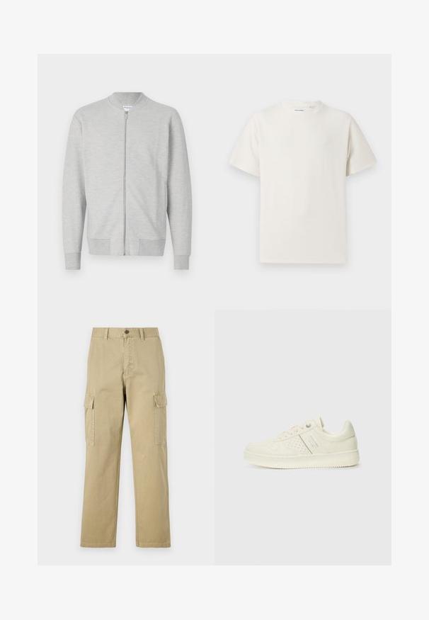 Sweatshirt cinzento com fecho éclair, colarinho redondo, mangas longas, punhos e bainha canelados. Feito de um tecido suave com uma textura lisa.; T-shirt branco de manga curta em textura canelada. Gola redonda, ajuste descontraído, sem padrões ou detalhes visíveis. Design simples e versátil.; Calças cargo bege feitas de algodão, com dois bolsos laterais, fecho de botão e pernas retas com um tecido ligeiramente texturizado.; Sapatilha de cor creme com detalhes perfurados, atacadores e logotipo na lateral, apresentada contra um fundo branco liso.