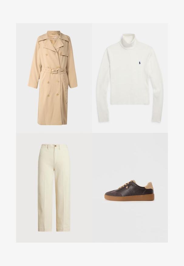 Beige dubbelbreasted trenchcoat met een ceintuur in de taille, grote revers, zijzakken en knoopdetail. Gemaakt van een gladde, geweven stof.; Witte coltrui met lange mouwen en een klein donkerblauw logo van een polo-speler op de linkerborst.; Beige broek van katoen, met een rechte snit, een enkele knoopsluiting en zichtbare voorplooien. Schone zoom en geen patronen.; Donkerbruine leren en suede sneakers met tan veters en zool, gouden logolint, en "Michael Kors" gegraveerd op de zool.