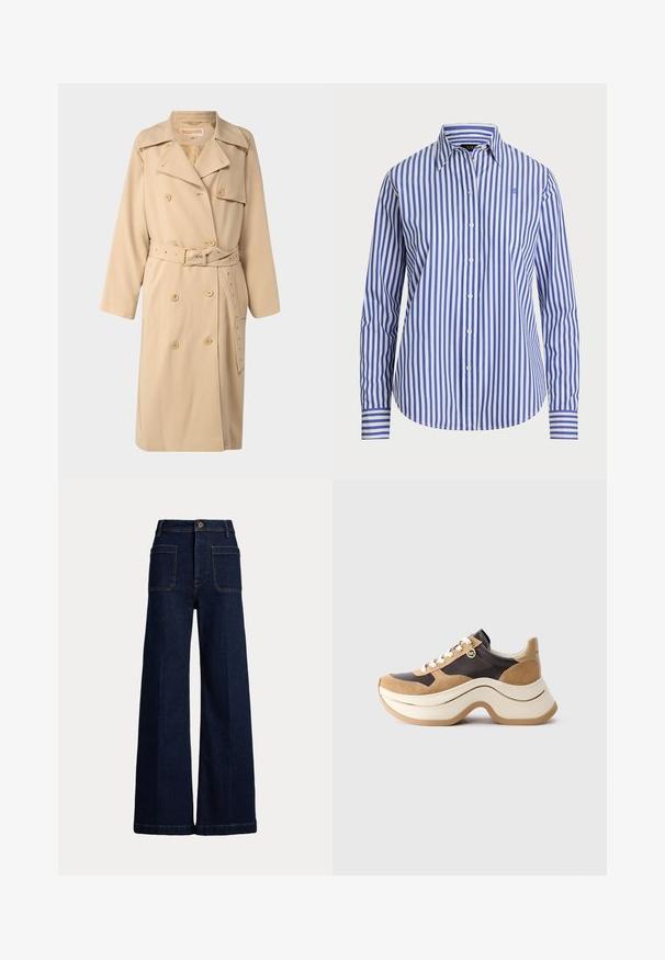 Vaaleanbeige kaksirivinen sadetakki, jossa on vyö ja suuret läpät, sivutaskut ja napitusyksityiskohtia. Valmistettu sileästä, kudotusta kankaasta.; Napapaita sinivalkoisilla pystyraitasuunnitelmilla. Siinä on klassinen kaulus, pitkät hihat ja pyöristetty helma. Valmistettu kudotusta kankaasta.; Korkeavyötäröiset, tummansiniset leveälahkeiset farkut, joissa on viisi taskua ja erottuva tikkaus. Sisältää nappisuljin ja jämäkän muodon.; Kengänpohja on paksu beigen ja tummanruskean värin yhdistelmä, jossa on mokkanahkakoristeita, valkoiset nauhat ja pieni kultainen MK-riipus sivussa.