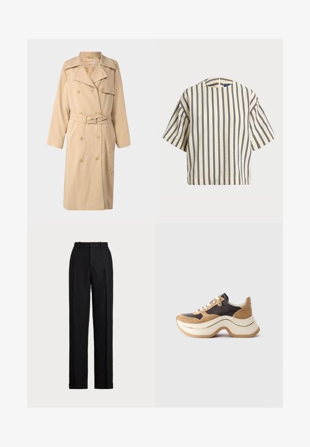 Trench coat bege de duplo breasted com uma cintura cingida por um cinto, lapelas grandes, bolsos laterais e detalhes em botão. Feito de um tecido liso e entrelaçado.; Top de manga curta, riscado em creme e azul marinho, com decote redondo e design boxy em tecido texturizado.; Calças pretas de cintura alta feitas de linho. Apresentam perna reta, pregas riscadas e bainhas dobradas na base. Sem bolsos ou fechos visíveis.; Sapatilhas com sola grossa em bege e castanho escuro com detalhes em camurça, atacadores brancos e um pequeno pingente dourado da MK na lateral.