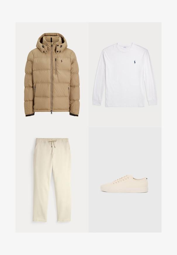 Rudos spalvos pūkinė striukė su užtrauktuku priekyje, nuimamu gobtuvu, elastiniais rankogaliais, dviem šoninėmis kišenėmis ir mažu logotipu kairėje krūtinės pusėje.; Balta ilgomis rankovėmis marškinėliai iš medvilnės. Gali būti apvalios formos kaklas, raukšlės ant rankovių, ir nedidelis tamsiai mėlynas polo logotipas kairėje krūtinės pusėje.; Oficialiai balti kasdieniniai kelnės su elastiniu juosmeniu ir raišteliu, tiesiomis kojomis ir šoninėmis kišenėmis prieš paprastą foną.; Šviesiai rudos drobės sportbačiai su apvalia nosimi, plokščiu guminiu padu ir raišteliais priekyje. Pasižymi minimalizmu ir juodu akcentu kulne.