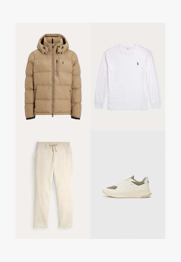 Geacă matlasată bej cu fermoar frontal, glugă detașabilă, mansete elastice, două buzunare laterale și un mic logo pe pieptul stâng.; Tricou alb cu mânecă lungă, din bumbac. Are un decolteu rotund, mansete ribbate și un mic logo polo bleu închis pe pieptul stâng.; Pantaloni casual off-white cu talie elastică și șnur, picioare drepte și buzunare laterale, pe un fundal simplu.; Tenis sportivi alb și bej deschis, cu un înveliș din plasă, detalii perforate și o talpă intermediară texturată, având marcaj pe călcâi.