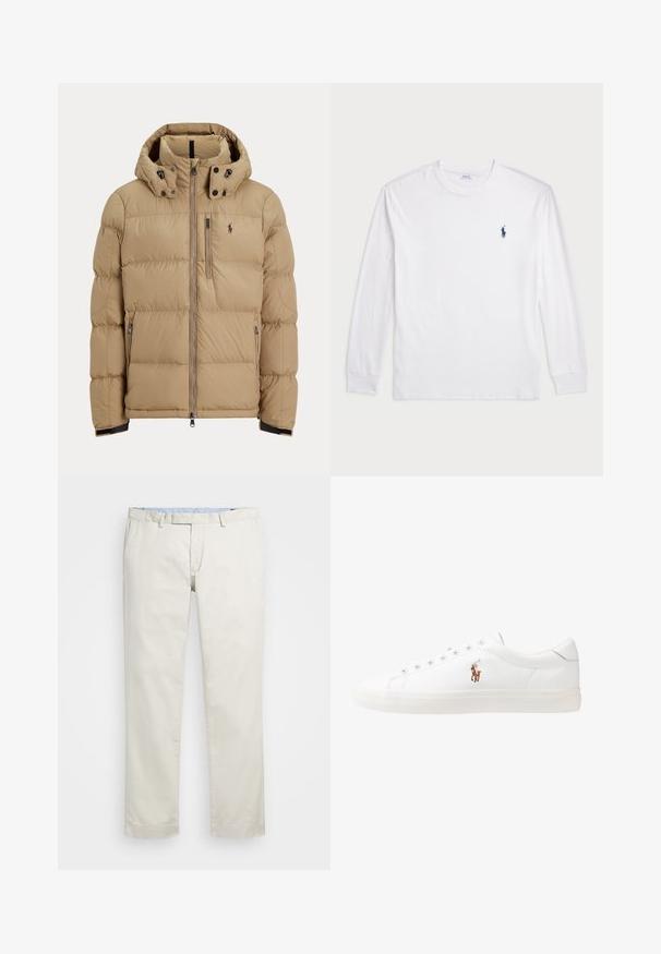 Bež jakna od punjene tkanine sa zatvaračem na prednjoj strani, odvojivim kapuljačom, elastičnim manžetnama, dva bočna džepa i malim logotipom na lijevoj strani prsa.; Bijela majica dugih rukava od pamuka. Ima okrugli izrez, rebraste manšete i mali logo u mornarskoplavoj boji na lijevoj strani grudi.; Bež pamukove chinos hlače s ravnim prednjim dijelom, petljama za remen i bočnim džepovima. Dizajn ravnih nogavica s glatkom teksturom i laganim, prozračnim osjećajem.; Bijele kožne tenisice, niskog kroja, s glatkom teksturom, okruglim vrhom, vezanjem sprijeda i malim izvezenim logom sa strane.