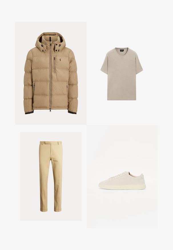 Gouden pufferjack met een ritssluiting aan de voorkant, afneembare capuchon, elastische manchetten, twee zijzakken en een klein logo op de linkerborst.; Beige katoenen t-shirt met een ronde hals, korte mouwen en een losse pasvorm. Glad textuur met een eenvoudig ontwerp, geen zichtbare patronen of accenten.; Khaki chinos van soepele katoenstof, met een slank ontwerp, voorplooien en boorden bij de enkel voor een taps toelopende uitstraling.; Beige suède sneakers met een platte rubberen zool, dunne veters en een minimalistisch design. Glad textuur en een ronde neus met subtiele stiksels.
