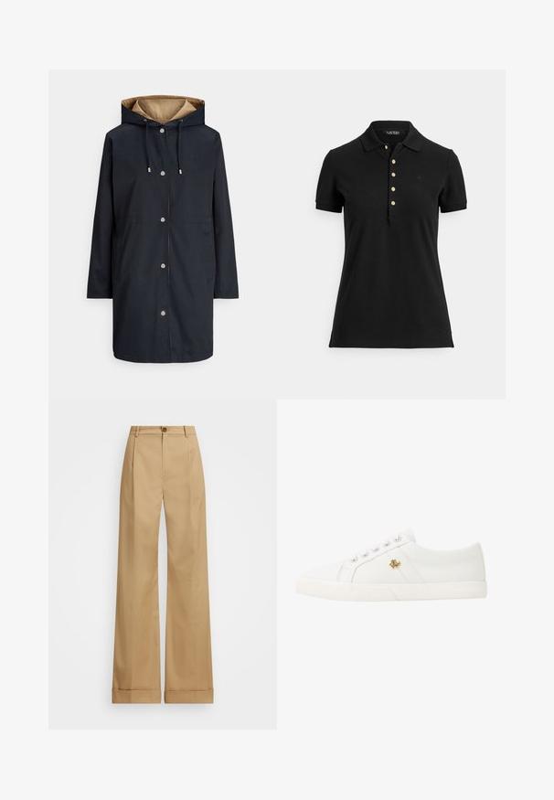 Tmavě modrý plášť do deště s kapucí, patentními knoflíky, dvěma kapsami a kontrastní béžovou podšívkou. Má stahovací šňůrky a nenápadné logo na hrudi.; Černé polo tričko z texturované látky, s límečkem, krátkými rukávy a légou se zlatými knoflíky. Jemný detail loga na hrudi.; Béžové kalhoty širokého střihu s knoflíkovým zapínáním, které mají hladkou strukturu a stlačené záhyby. Manžety na nohavicích pro zvýraznění detailu.; Lauren Ralph Lauren JANSON II CANVAS SNEAKER - Tenisky - optic white