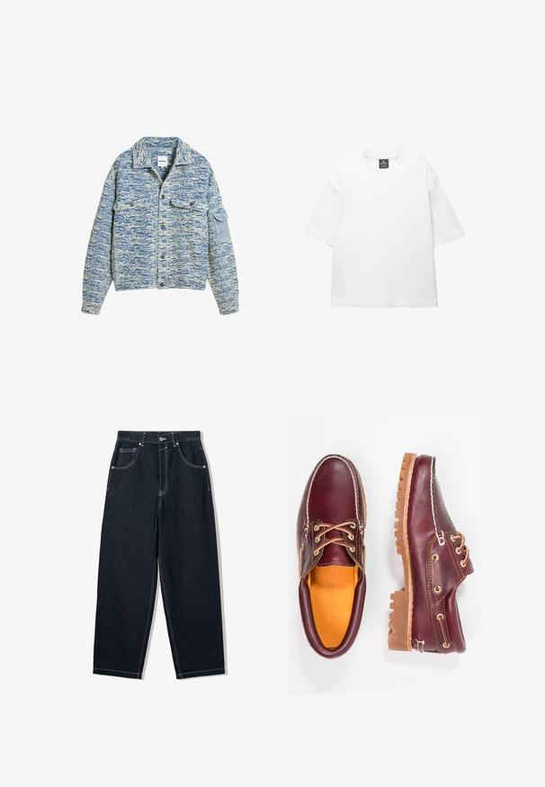 Blå och vit marmorjacka med knappstängning, två bröstfickor och en sidficka. Tjockt, texturerat tyg med krage.; Vit kortärmad t-shirt i bomull, med rund halsringning och avslappnad passform med rak nederkant. Inga mönster eller dekorationer.; Breda, mörka denimjeans med kontrasterande vit söm, fem fickor och knappstängning. Har en hög midjedesign.; Burgundy läderskor med bruna gummisulor, rund tå, vit söm och gyllene öljetter. Inredningen har en gul foder.