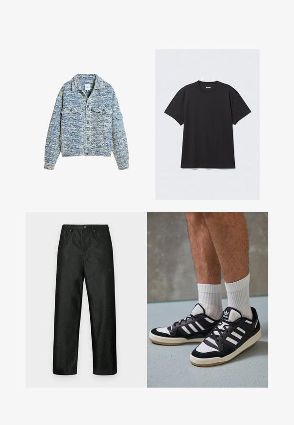 Sinine ja valge marleidiga jakk, millel on nööpidega eesmine sulgemine, kaks rinna taskut ja üks küljetasku. Paks, tekstuuriga kangas koos kaelusega.; Must sõnumit särk lühikeste varrukate ja puuvillase kangaga. Omab ümarat kaelust ja lõdva istuvust. Lihtne disain, ilma mustrite või aktsentideta.; Mustad püksid, millel on kerge läige, sirge säärega disain, kaks esitaskut ja peen logo vasaku ülakülje lähedal.; Mustvalged ja valged spordijalatsid, mille pealmine osa on valmistatud suede'ist ja nahast. Kingadel on kolm valget riba, auguline varvas ja kummist tald.