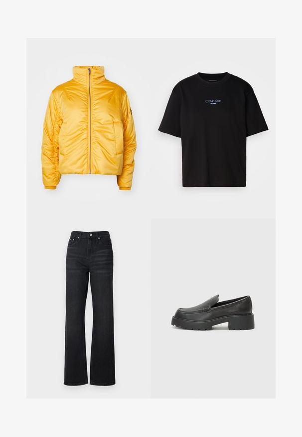 Gul puffjakke med høy krage, frontglidelås og samlet ermer. Glatt, blankt ytre med cropped passform. Ingen synlige logoer.; Sort bomull t-skjorte med rund hals, korte ermer, og blå brodert "Calvin Klein JEANS" logo på forsiden.; Sorte denim vide bukser med høj talje, fem-lomme design og sølv metalknap. Stoffer har en glat tekstur og let stræk.; Sorte skinnloafers med rund tå, tykk teksturert såle og minimale sømdetaljer. Strømlinjeformet design uten synlige snørebånd eller hardvarer.
