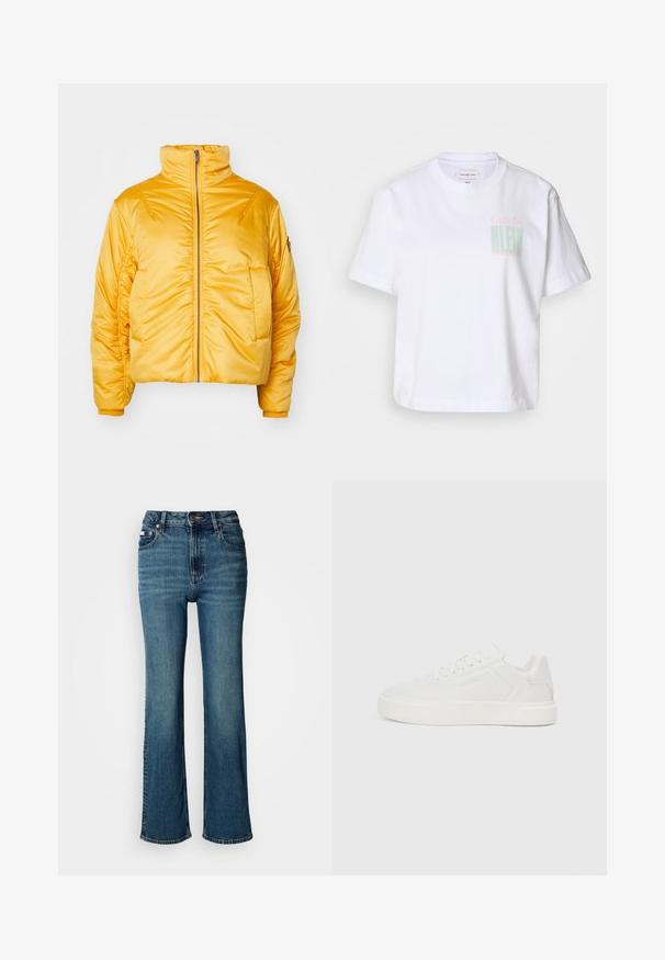 Gul pufferjacka med hög krage, framdragkedja och samlade ärmar. Släta, blanka ytor med en kortad passform. Inga synliga logotyper.; Vit bomullströja med korta ärmar och rundad krage. Har "Calvin" i rosa och "KLEIN" i grönt tryckt på framsidan.; Högmidjade blå jeans i denim, med raka ben, subtil blekning och standardknapp- samt dragkedjestängning.; Vita låga sneakers med platt sula, slät syntetisk ovandel, rund tå och tonad sömnad. Har snörning och sidologga.